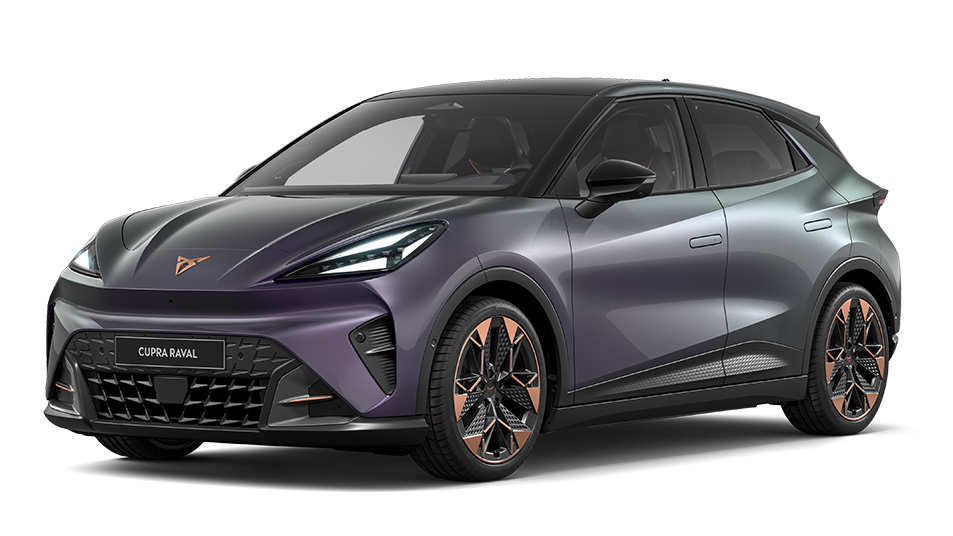 Version CUPRA Raval VZ en couleur Plasma, associée à un toit Gris Manhattan et à des jantes en alliage Vandal Copper de 19 pouces.