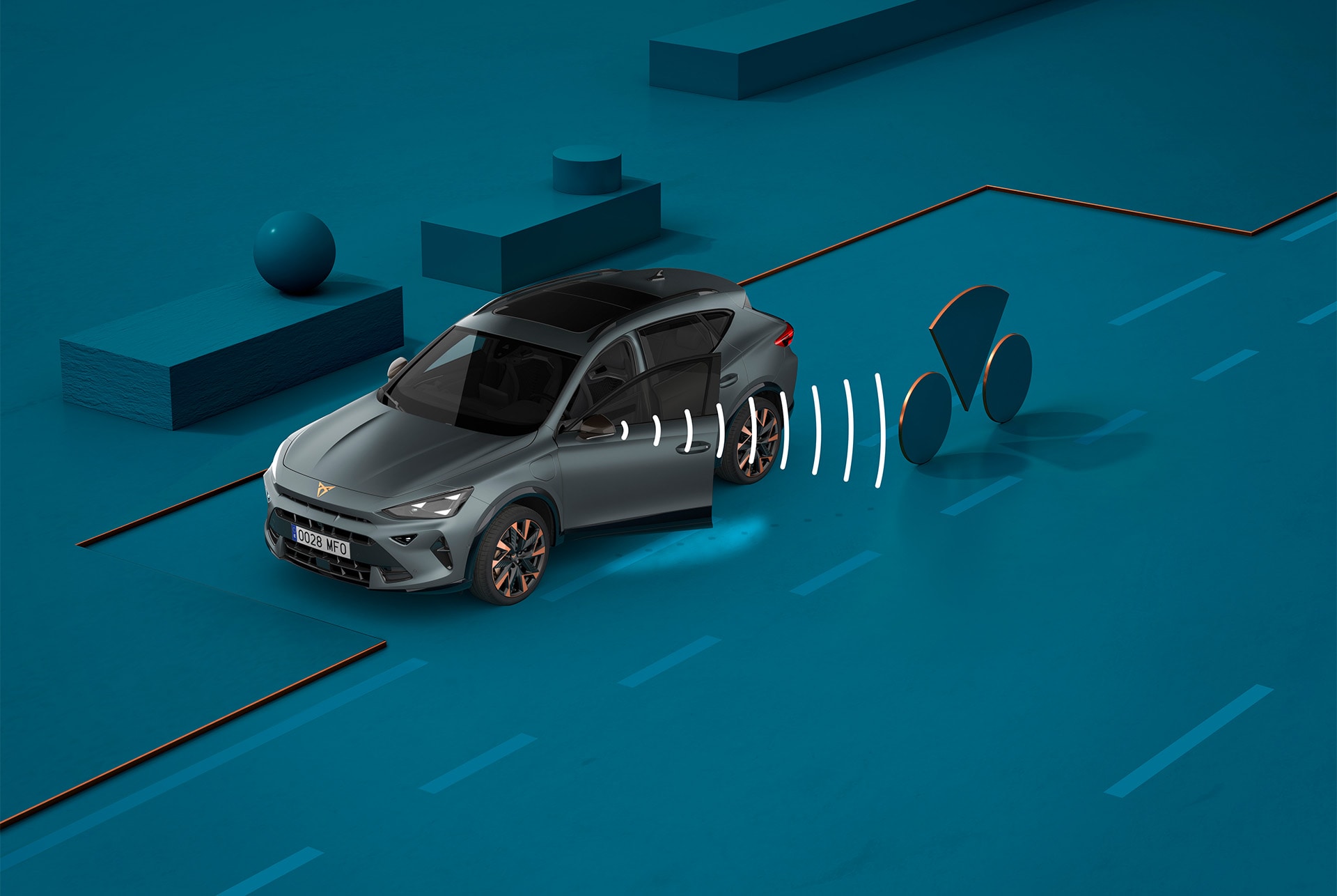 Comment utiliser le système d’alerte de sortie de la CUPRA Formentor 2025, démonstration visuelle avec formes et fond bleu.