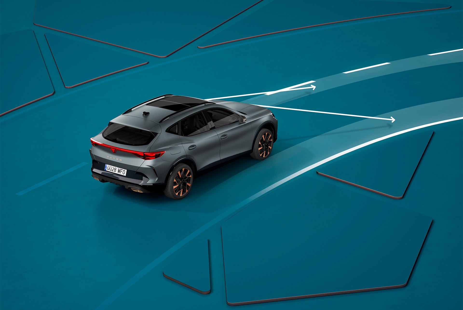 Démonstration du Lane Assist Plus de la CUPRA Formentor 2025, démonstration visuelle sur fond bleu.