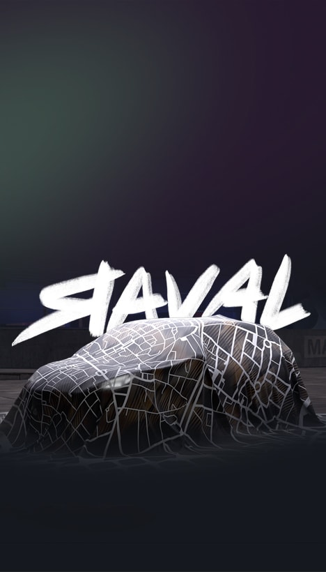 The CUPRA Raval car is covered by a dark cloth patterned with the white street map of the Raval neighborhood in Barcelona. The car is positioned in front of a dark background with large white text reading "RAVAL".