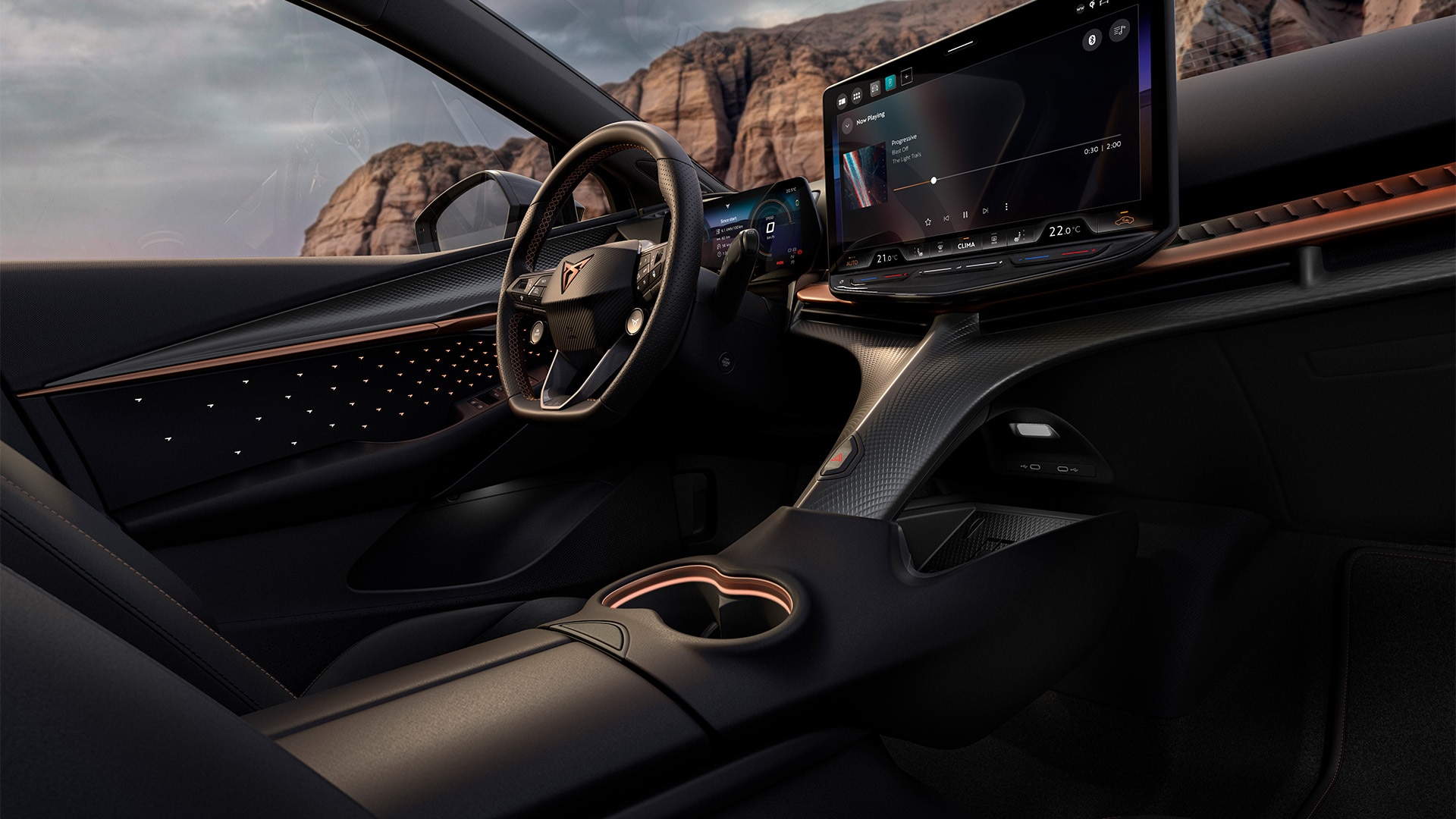 Vue intérieure de la CUPRA Tavascan Black Edition dévoilant, entre autres, la sellerie.