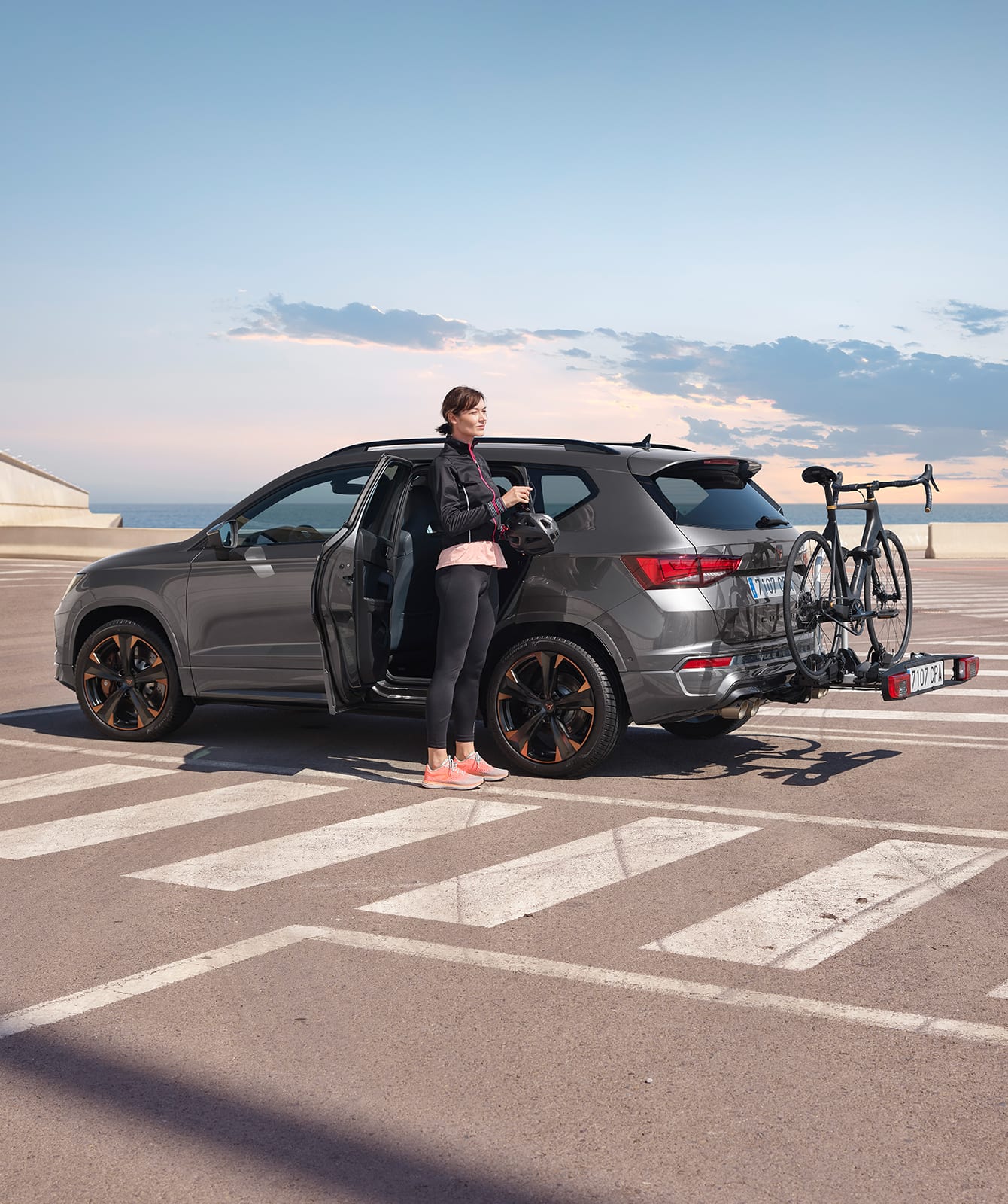 CUPRA Ateca rodium grey colour with towing bike rack accessory