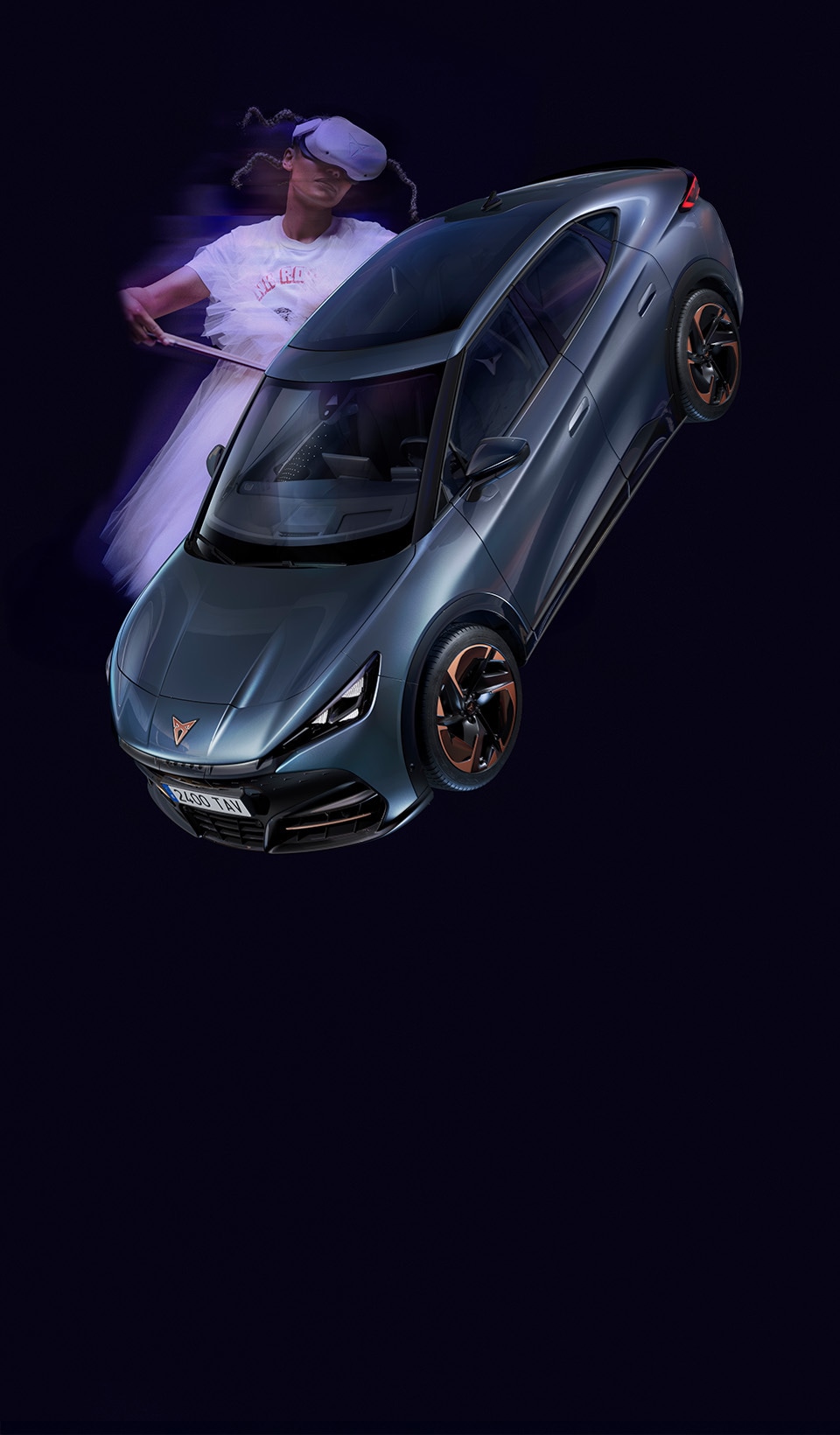 A dynamic scene featuring a CUPRA car in a sleek dark metallic color, positioned beside a blurred figure of a woman in a white dress using a VR headset and holding a conductor’s baton. 